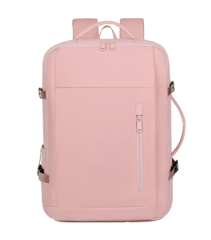 Light pink minimalist backpack with vertical side zipper adjustable side buckles smooth waterproof surface for travel school