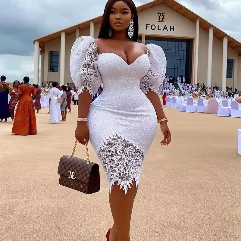 

Aso Ebi Style Sweetheart Puffy Short Sleeves Evening Gowns Knee Length Women Formal Party Dress White Lace Short Prom Dresses