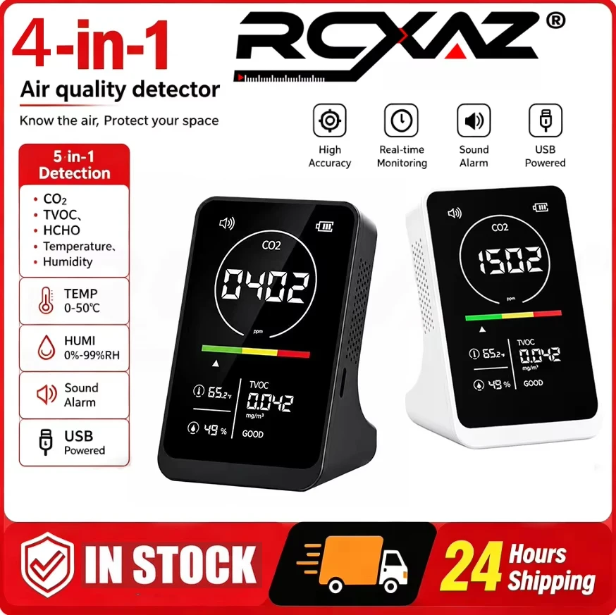 RCXAZ Temp Humidity 4in1 Air Quality Monitor with CO2 TVOC HCHO Infrared Sensor Tester for Home Office Bedroom and Indoor