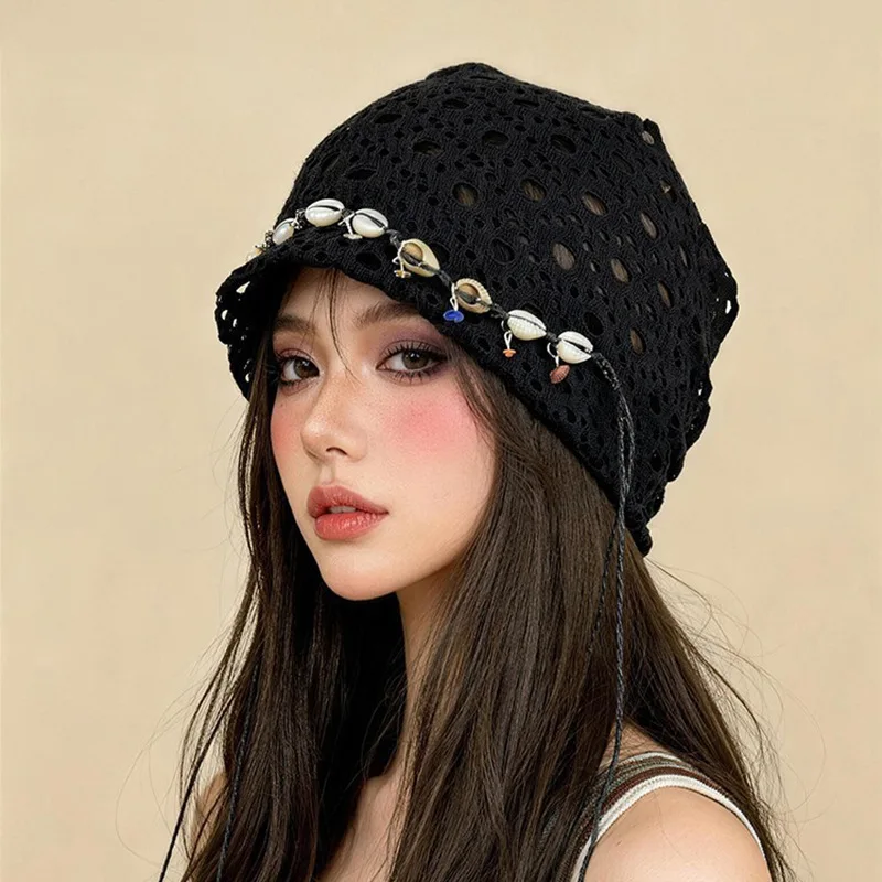 Bohemian atmosphere hollow pile hat shells tied with rope decoration female niche design cold hat