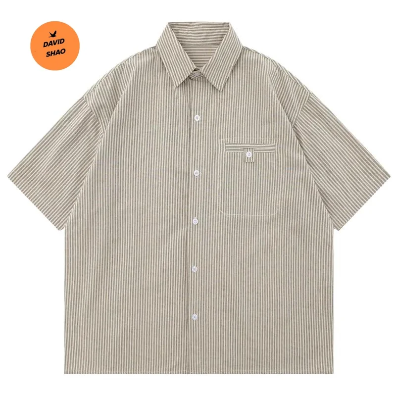 

DAVIDSHAO Luxury Apparel EU US Size Outdoor Cityboy Loose Fit Short Sleeve Stripe Shirt with Chest Pockets