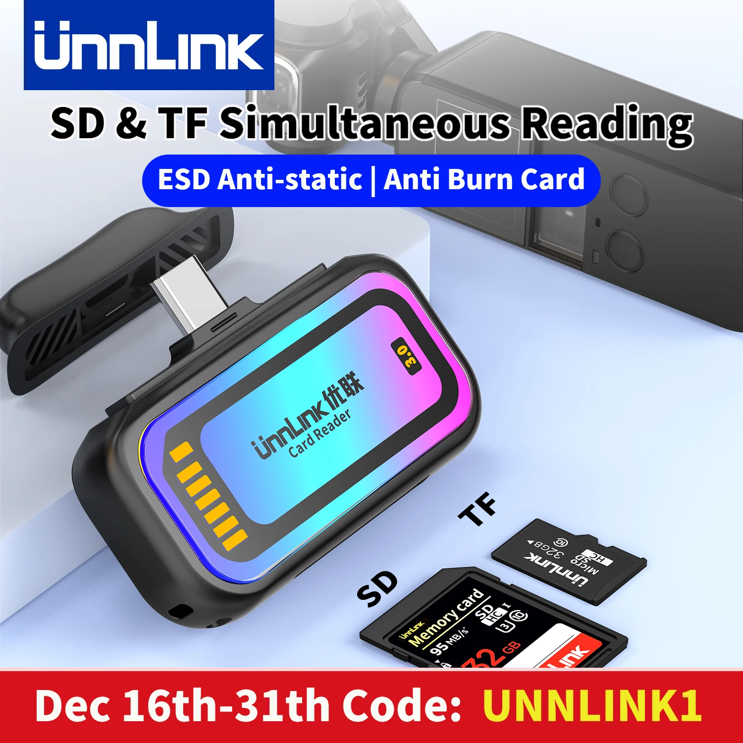 

Unnlink SD/TF 3.0 Card Reader USB-C to SD MicroSD TF Memory Card Adapter for iPhone 16/17 to Read Drone, Action Camera Card