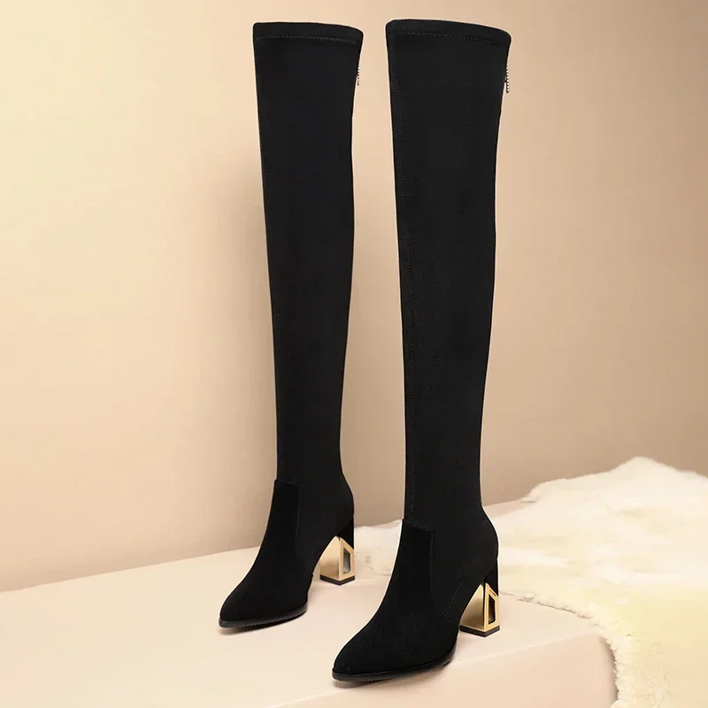 Free Shipping Kid Suede Over-the-Knee Sock Boots 2023 Hot Sale Square Heel Shoes for Women Pointed Toe High Heel Women\'s Boots