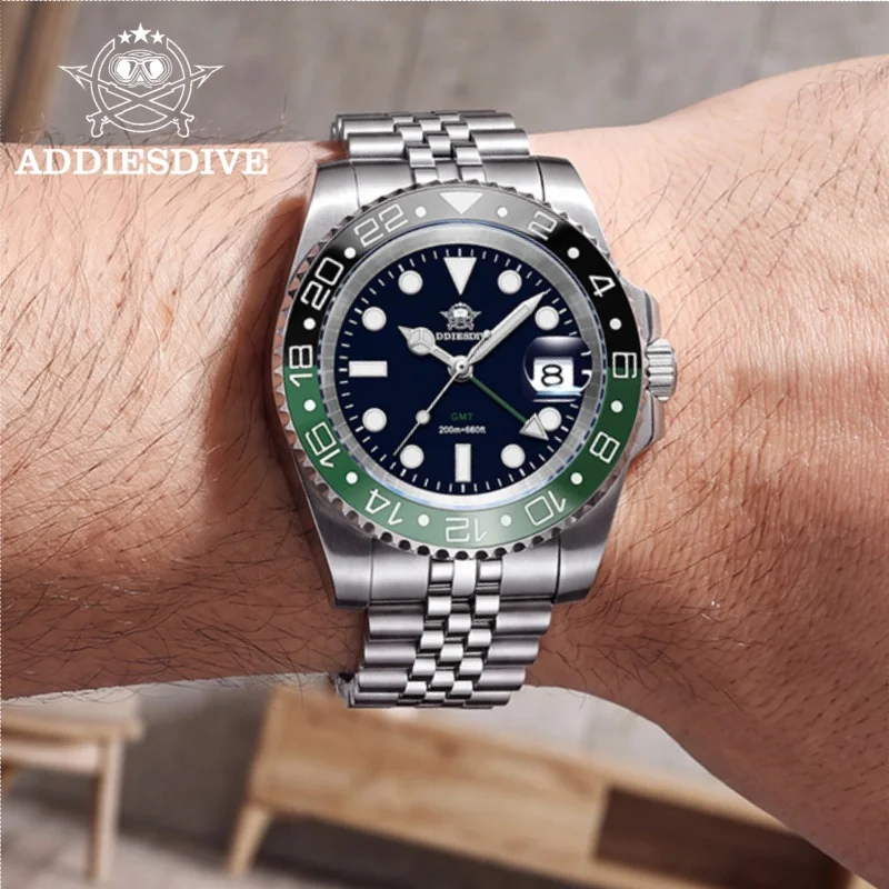 ADDIESDIVE Reloj GMT Men Watch Swiss Ronda 515-24 20Bar Waterproof AD2050 BGW9 Super Luminous 316L Stainless Steel Quartz Watch
