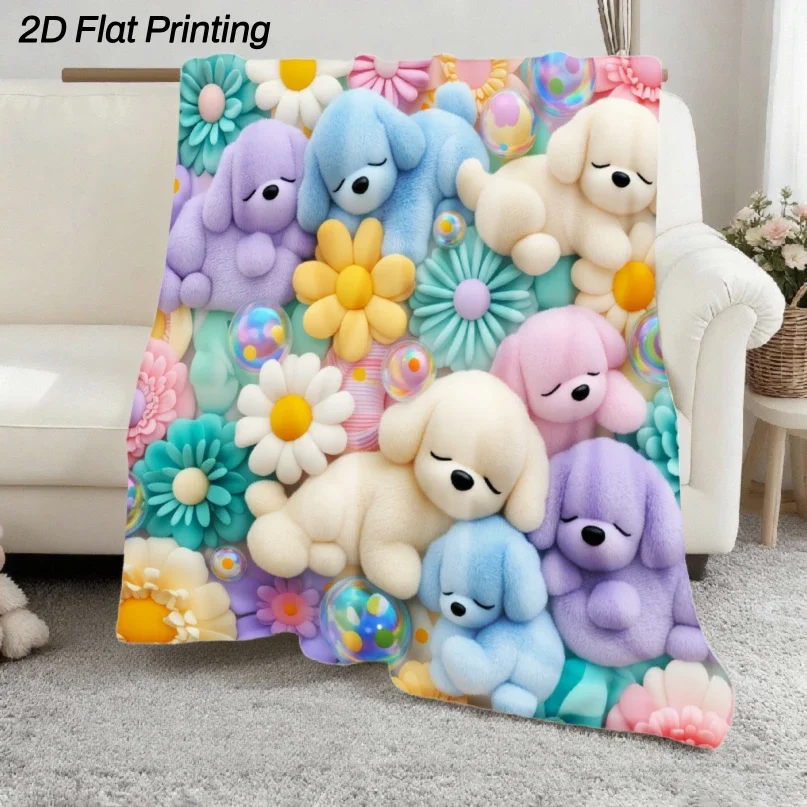 1pc 2d Flat Cute Colorful Cartoon Puppy Printed Throw Blanket Soft Casual Warm Multi Functional Decor Blanket For Office