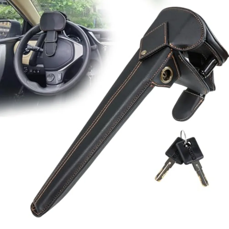 Car steering wheel lock for anti-theft use, black leather cover with reinforced steel core, adjustable length, scratch-resistan