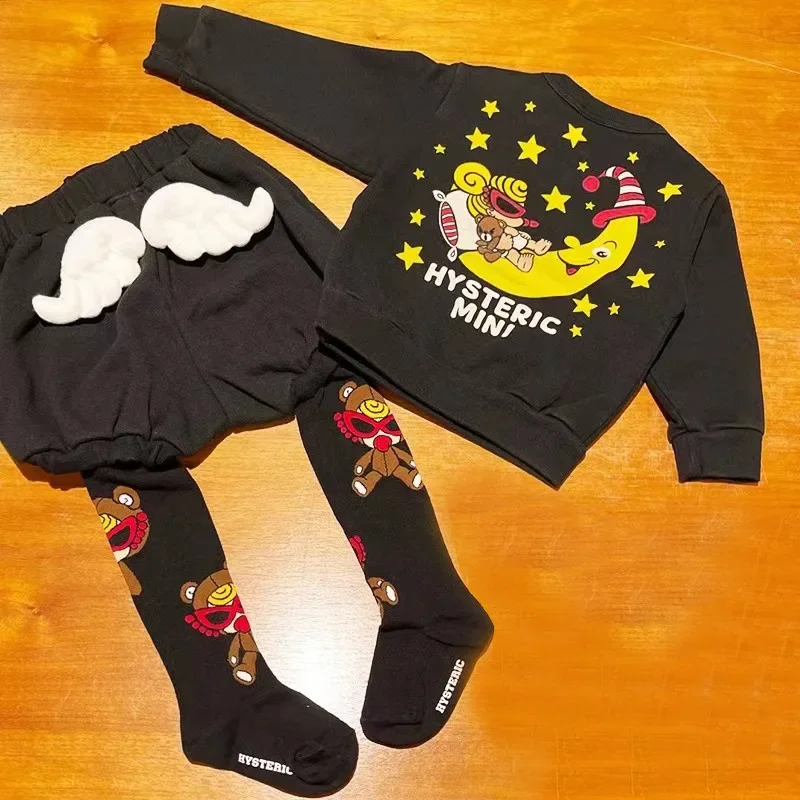 2023 Fall/Winter Fashion Brand Boutique Children's Black Super Moon Pattern Children's Cotton Sweatshirt Set