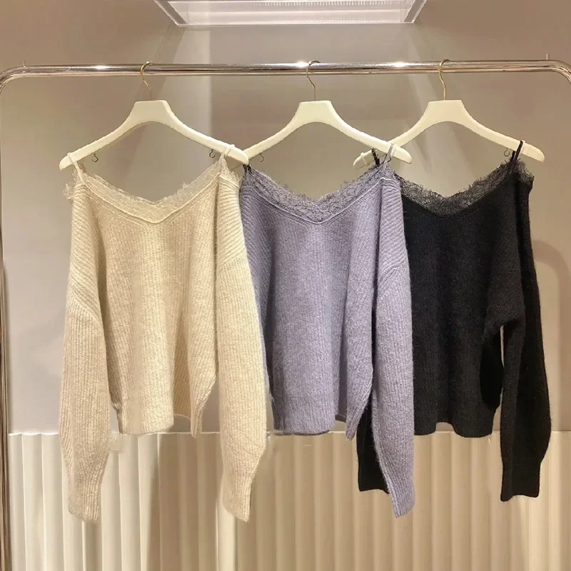 Lace Spliced Sweater Fall Loose Womens Clothing Off Shoulder Long Sleeve Ropa Mujer V Neck Pullover Tops Japan Women Knitwear