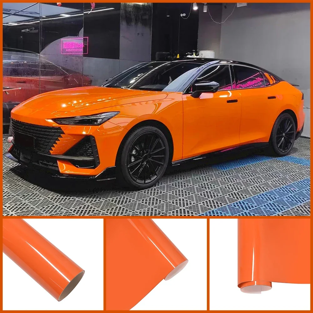 Premium Ultra-Gloss Glossy Fiery Orange Wrap PET Vinyl Film Car Whole Body Decal DIY Protective Cover Sticker Auto Accessories