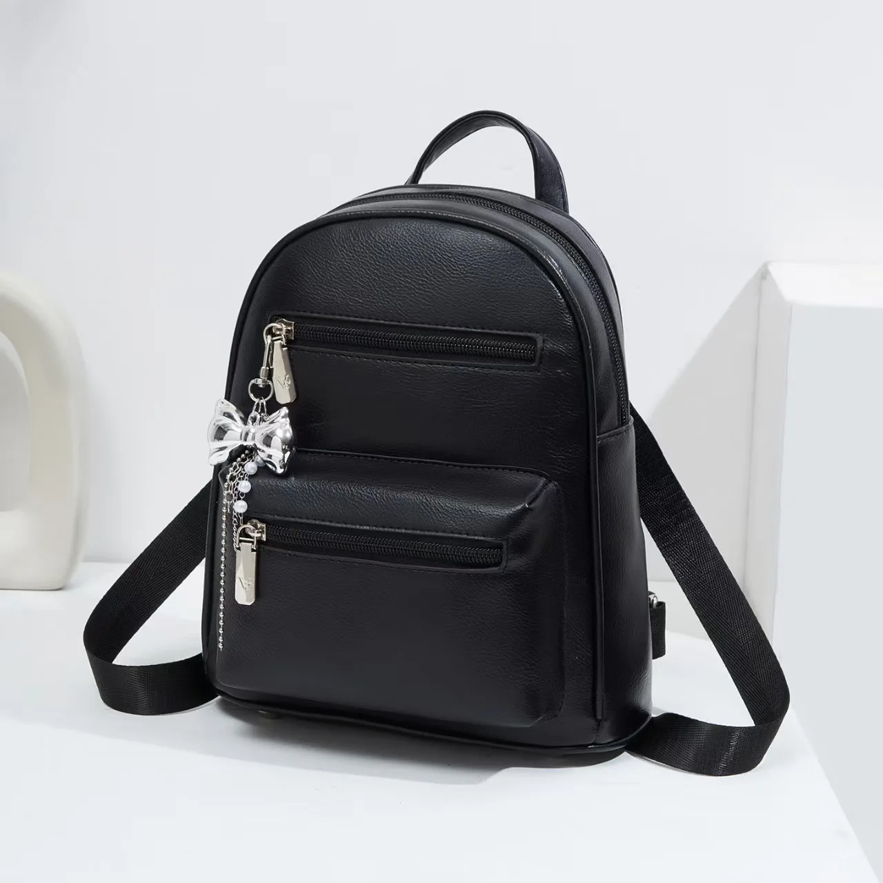 Women Mini PU Leather Backpack Sweet Bow Pendant Small Backpack Casual Daily Travel School Bag Ladies Fashion Lightweight Rucksa