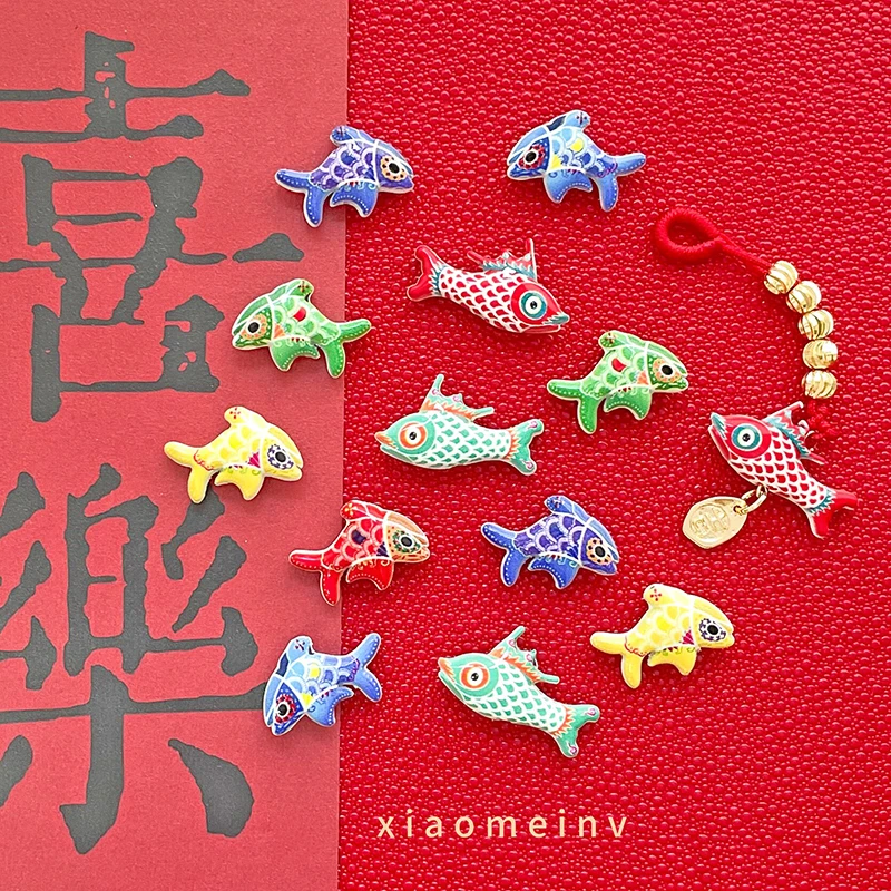 6pcs Fish Lantern Hand-painted Oil-dripping Ceramic Vertical Hole Beaded DIY Bracelet Chain Keychain Pendant Material