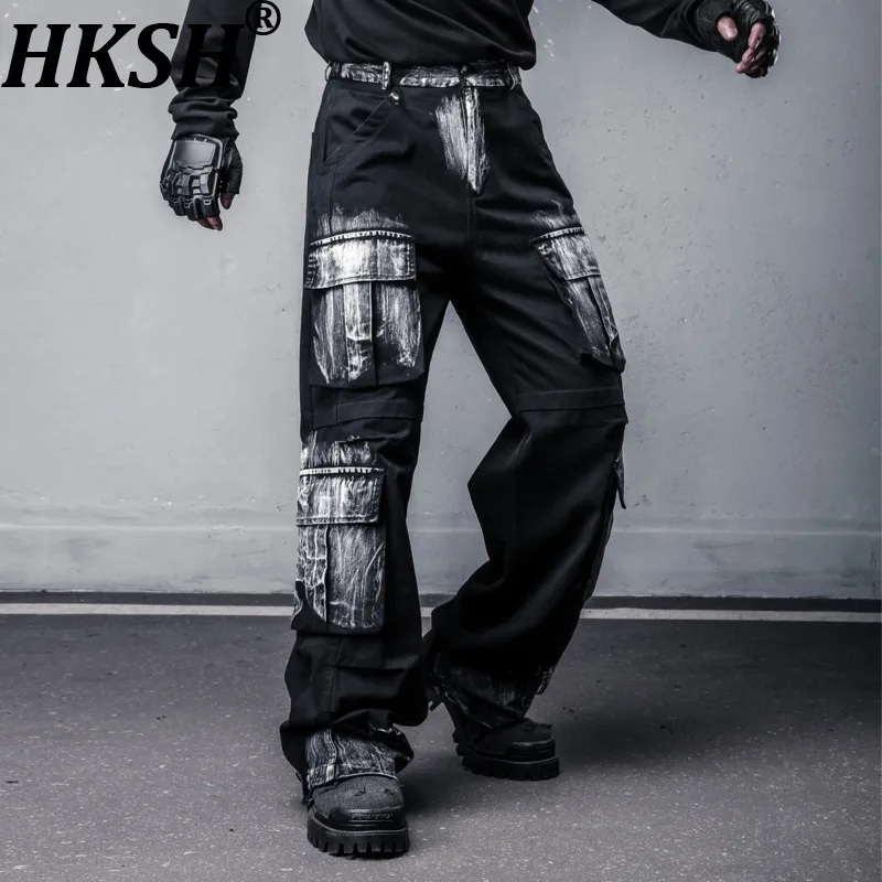 

HKSH Нишевый дизайн, тяжелый стиль сафари, окрашенные в стиле ретро, хип-хоп, темные джинсы с карманами, широкие джинсовые брюки в стиле панк, мужские брюки в стиле панк, HK11924