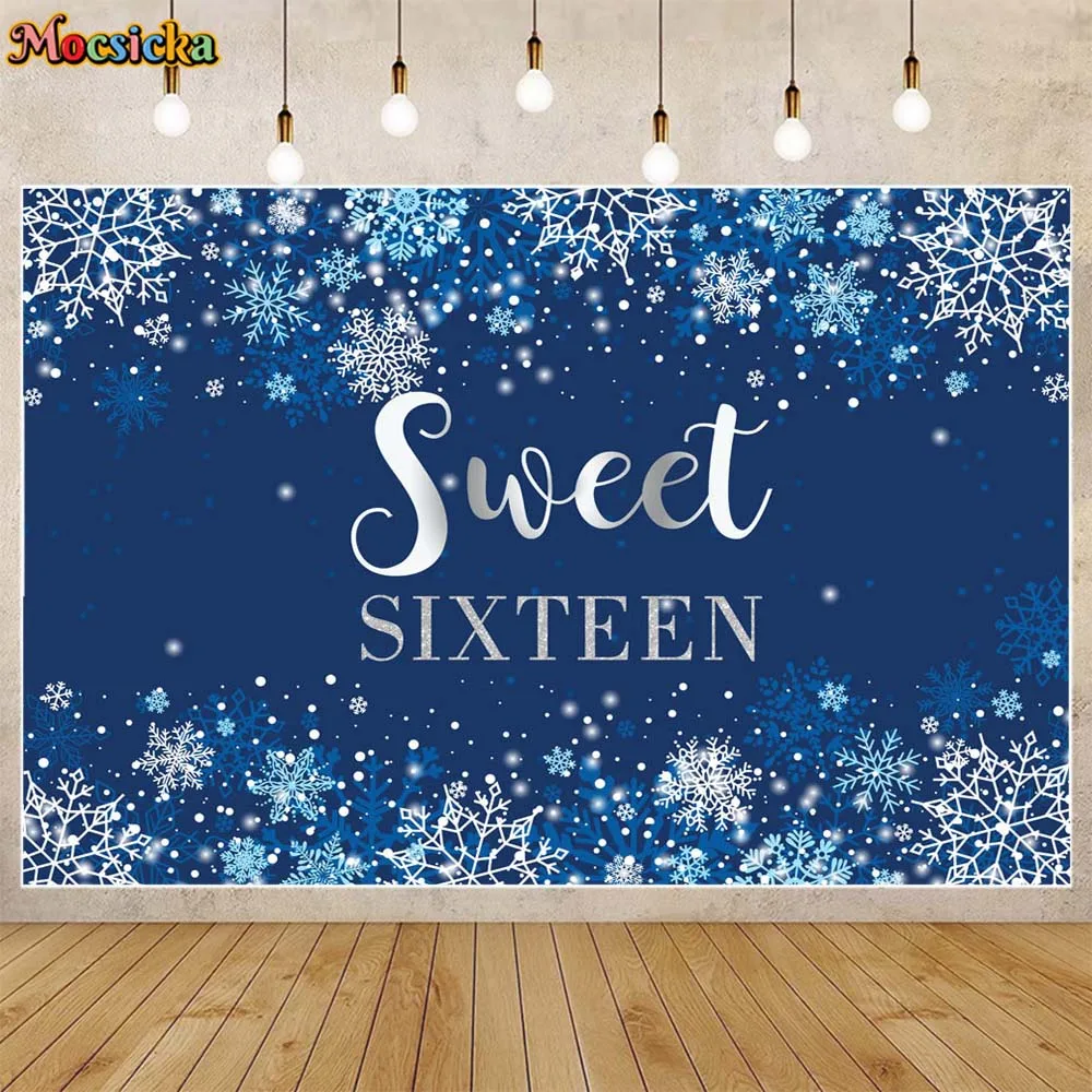 

Mocsicka Sweet Sixteen Girls Birthday Party Backdrop Decor Banner Winter Snow Snowflake Photo Backgrounds Studio Photocall Props