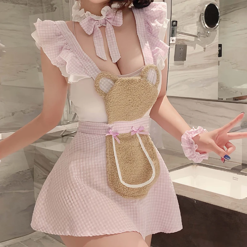 الوردي ثلاثة ألوان القوس الإباحية الملابس الداخلية مثير خادمة BDSM الزي العاطفي لعب الأدوار فضح الصدر المستخدمة للأنشطة الجنسية