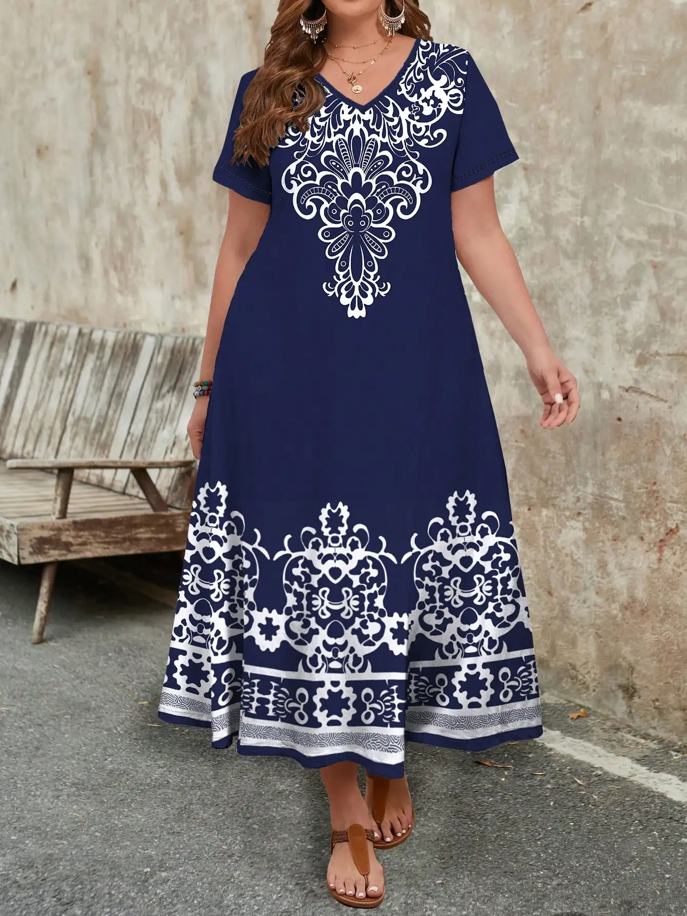 

Женское повседневное платье больших размеров с V-образным вырезом, коротким рукавом, длинное, с принтом, в богемном стиле, для пляжа, лето