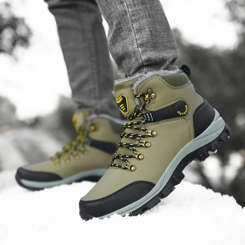 

Men's Winter Boots With Fur Warm Snow Non-slip Men Work Casual Shoes Waterproof Leather Sneakers High Top Ankle Boots Plus Size