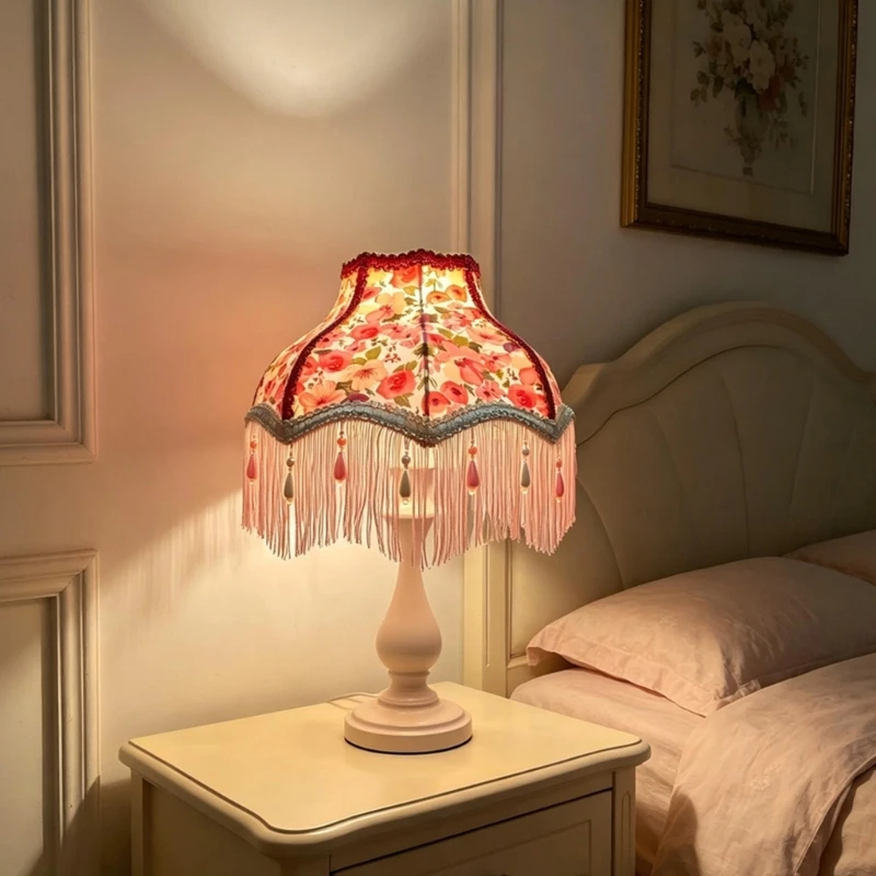 Rose-Patterned Fabric Light Shade with Scalloped Flared Fringe and Bead Accents for Wall-Mounted and Tabletop Y5GB