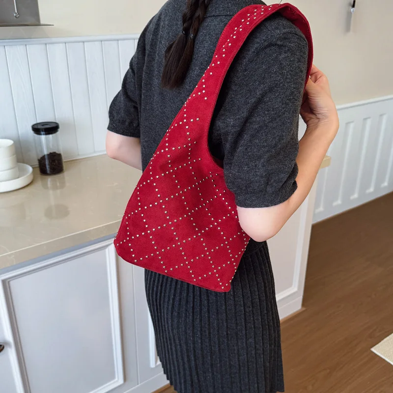 Argyle Rivet Suede Bucket Bag For Women Autumn/Winter Luxury Design Shoulder Bags American Casual Fashion Female Handbags