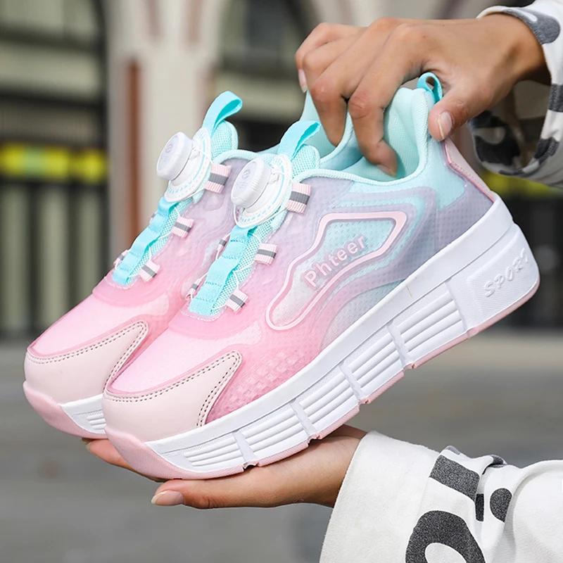 

2025 New Wheel Shoes for Girls (Spring & Autumn): Rotating Buckle Light-Up Sneakers, Older Kids' Roller Skates