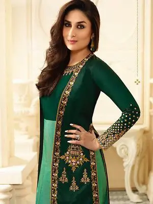 Hunter Green Anarkali Caftan Prom Dresses with Long Sleeve Beaded Embroidery Evening Gown Traditional South Central Asian