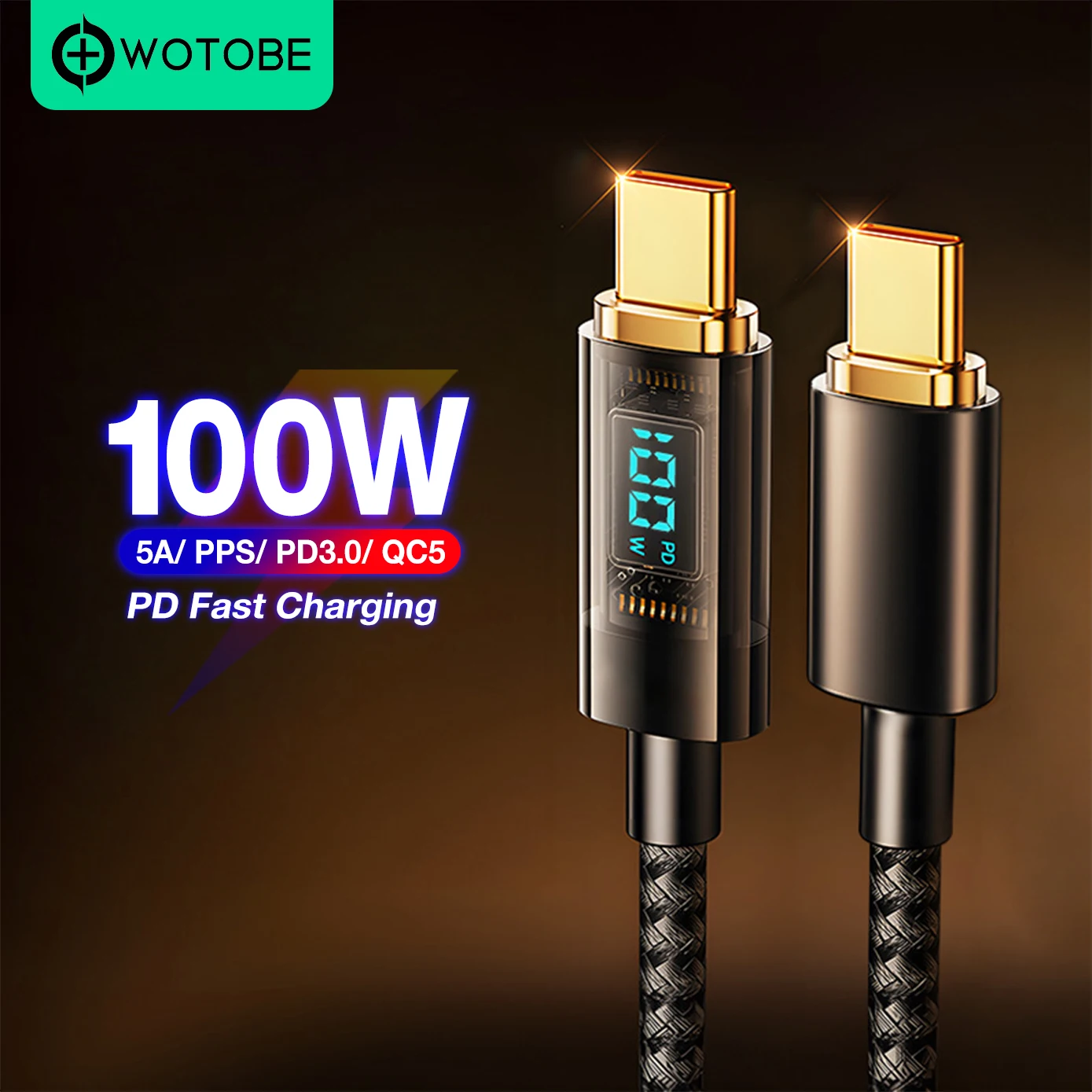 WOTOBEUS 5A E-mark PD100W USB Cable LED Display USB C to Type C PD Fast Charging For MacBook iPhone 14 iPad Samsung Huawei Xiaom