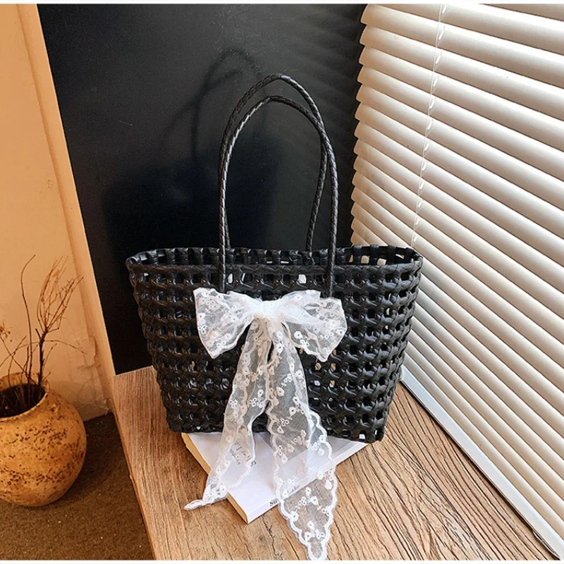 Koreanische Hohlgeflochtene Schleifen-Handtasche, Süße Einfarbige Gemüsekorb-Tasche, Lässige Vielseitige Schultertasche mit Großer Kapazität, Neu – Detail 21