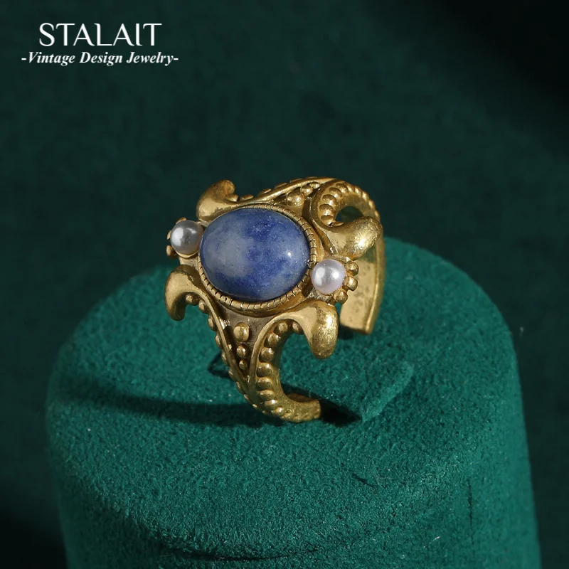 

Luxury Gold Color Blue Natural Stone Glass Palace Vintage Rings Pearls for Woman Wedding Antique Jewelry Korean Designer Open