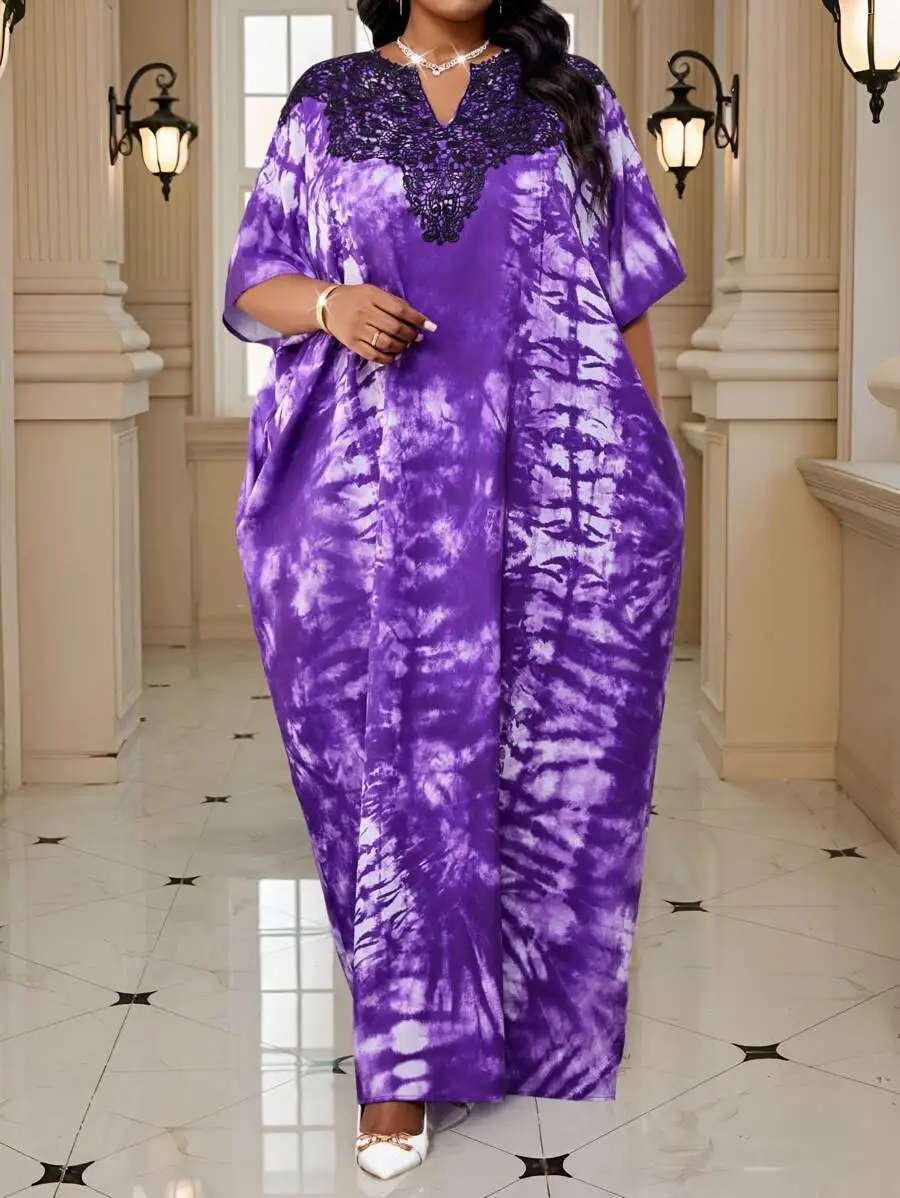 

Пурпурное платье макси с эффектом тай-дай, кружевным V-образным вырезом и свободным кроем для летнего отдыха