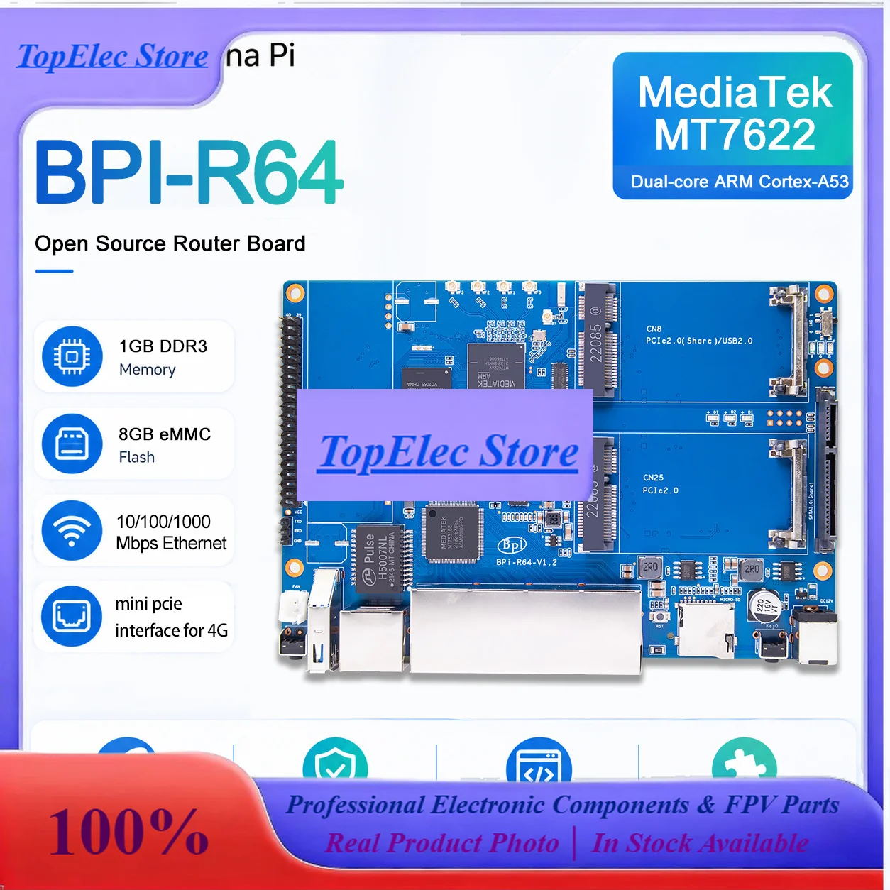 TopEsBanana Pi BPI-R64 Smart Router Based Development Board Use MediaTek MT7622 64bit 5 Port 10/100/1000 Mb Ethernet Port