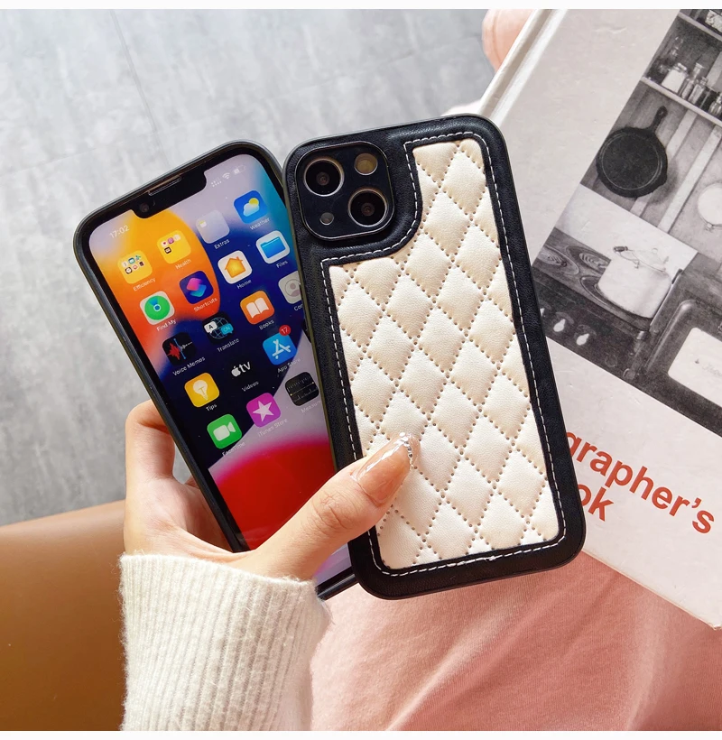 Black and White Leather Protective Phone Case, Fashionable Rhombic Grid Pattern, iPhone 16,15, 14 Plus,13, 12,11 Pro Max, Luxury