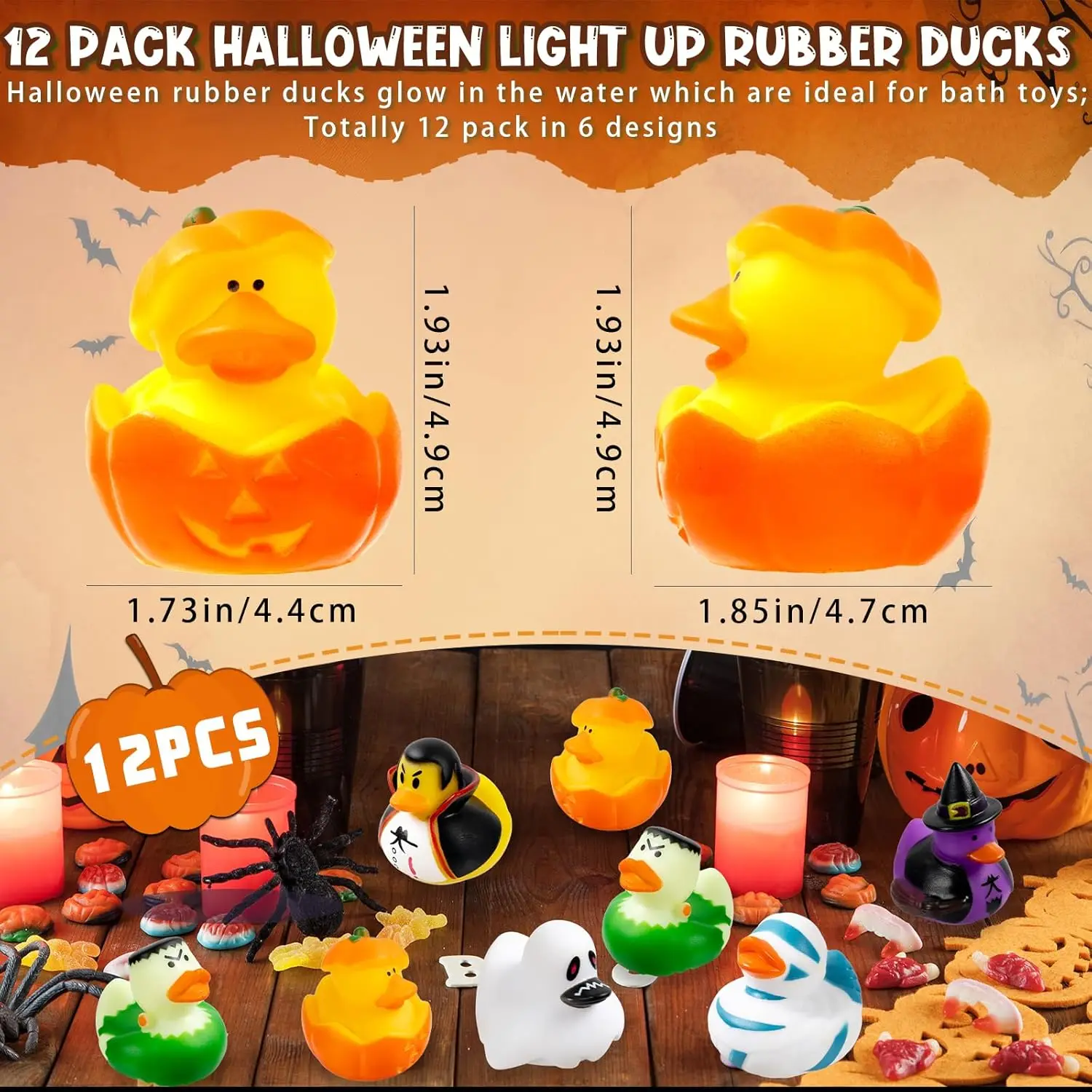 Patos de borracha para festa de Halloween, Light Up Duck, Brinquedo de banho, Monster, Ghost, Trick or Treat, BathtubToy temático para criança