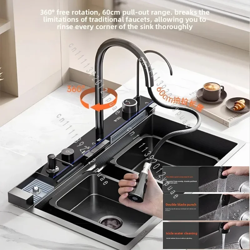 Large Single Slot Honeycomb Kitchen Sink, Nano Digital Embossing Rain Dance Waterfall Basin