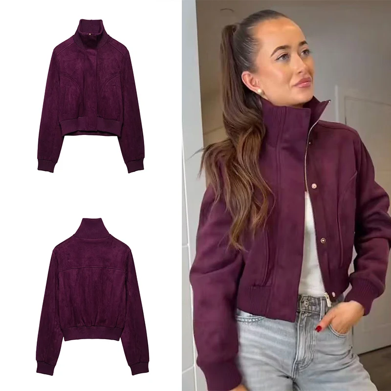 Guobioziy 2026 Spring Autumn Women Cropped Zip Jacket Rib High Collar Stereo Pockets Rib Cuffs Hem Simple Outer Coat
