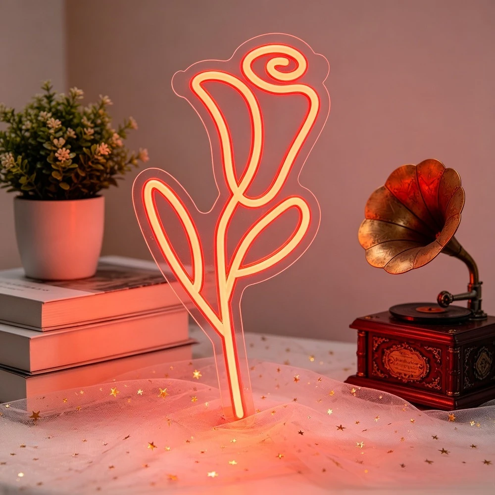 Rose Flower LED Neon Sign Dimmable USB Wall Light for Girls Bedroom Wedding Makeup Vanity Room Couple Room Decor Valentine Gifts