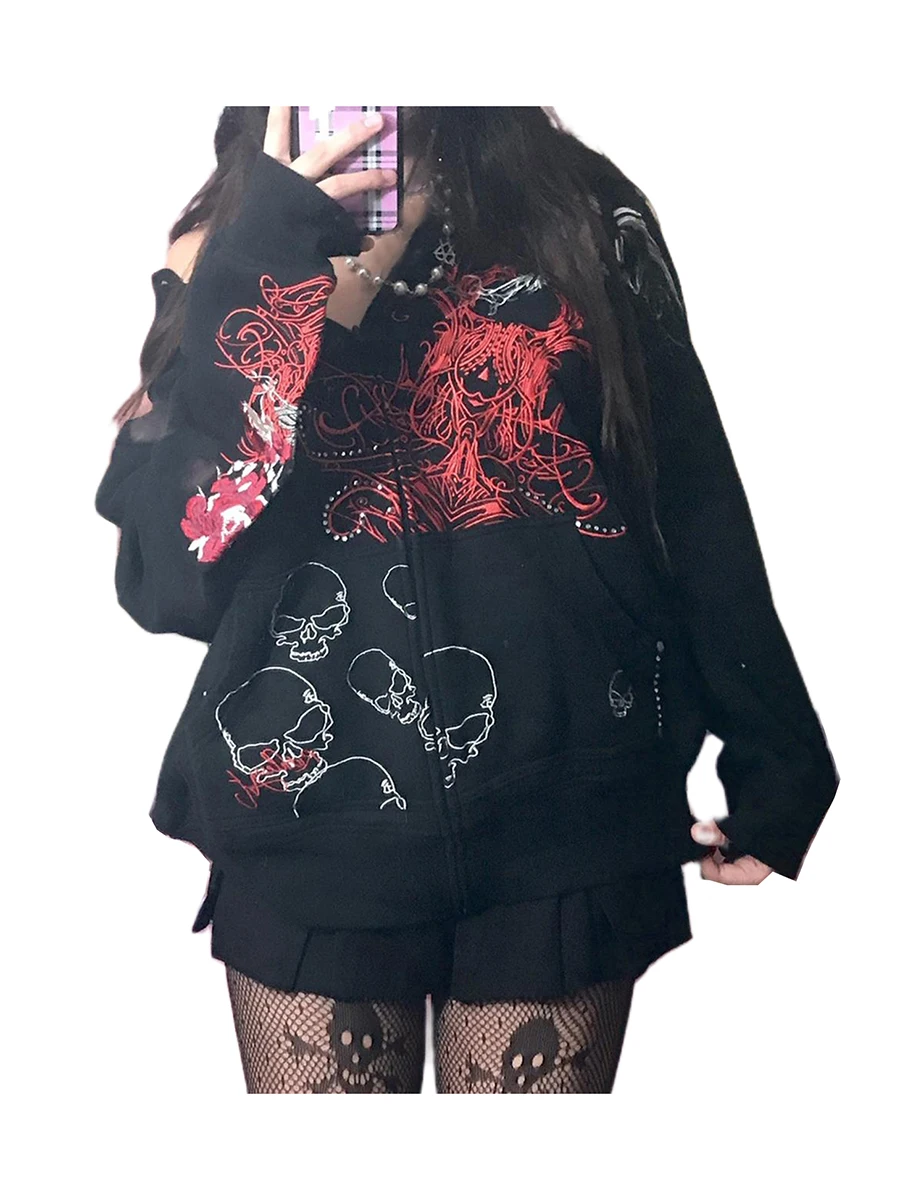 

Y2k Hoodie Women Vintage Aesthetic Graphic Oversized Zip Up Sweatshirt Grunge Gothic Jacket Halloween Harajuku Streetwear