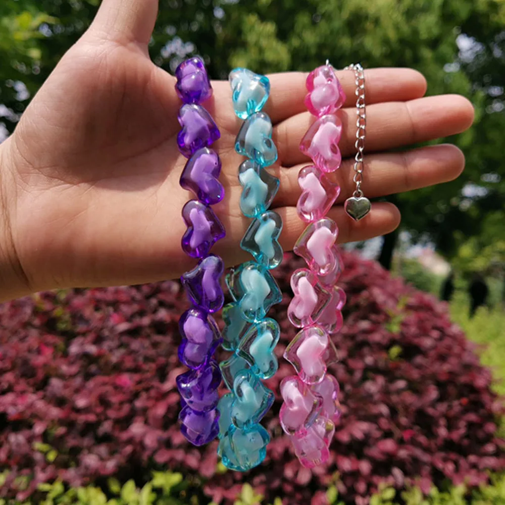 Boho Acrylic Heart Shape Beads Choker Necklace for Women Cute Resin Colorful Geometric Love Heart Beaded Necklaces Jewelry Gifts