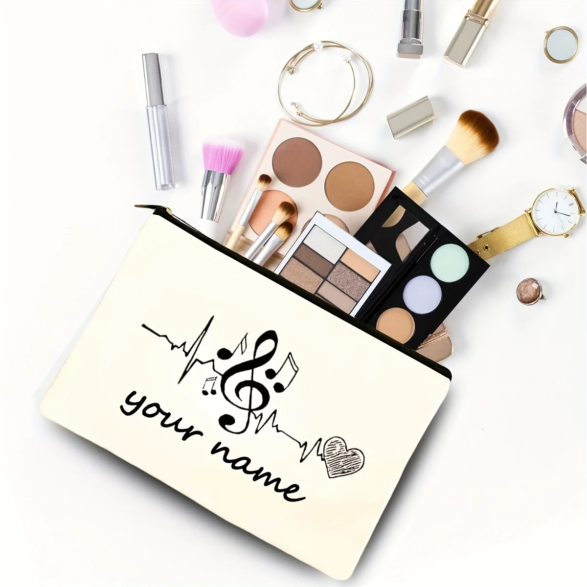 Personalized Makeup Bag Custom Name with Musical Notes and Heart Design Travel Cosmetic Organizer Zipper Toiletry Bag Suitable
