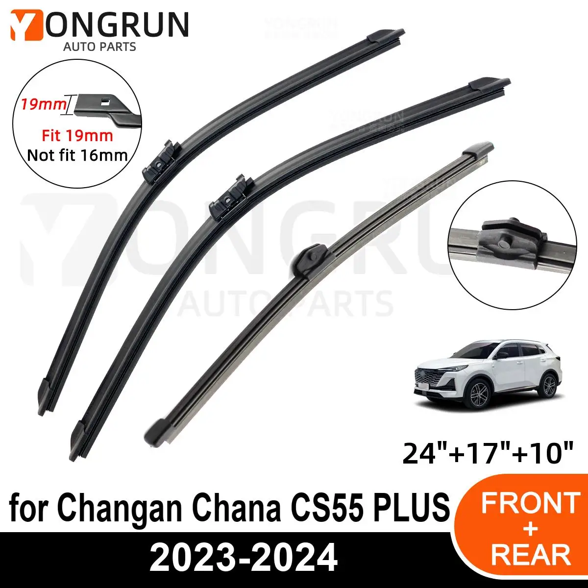 3PCS Car Wiper for Changan Chana CS55 PLUS 2023-2024 Front Rear Windshield