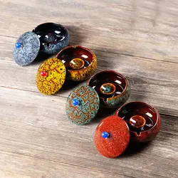 Handmade Ceramic Ashtray Kiln Glaze Portable Ashtray Outdoor Living Room Desktop Dustproof Ash Tray with Lid Home Decoration