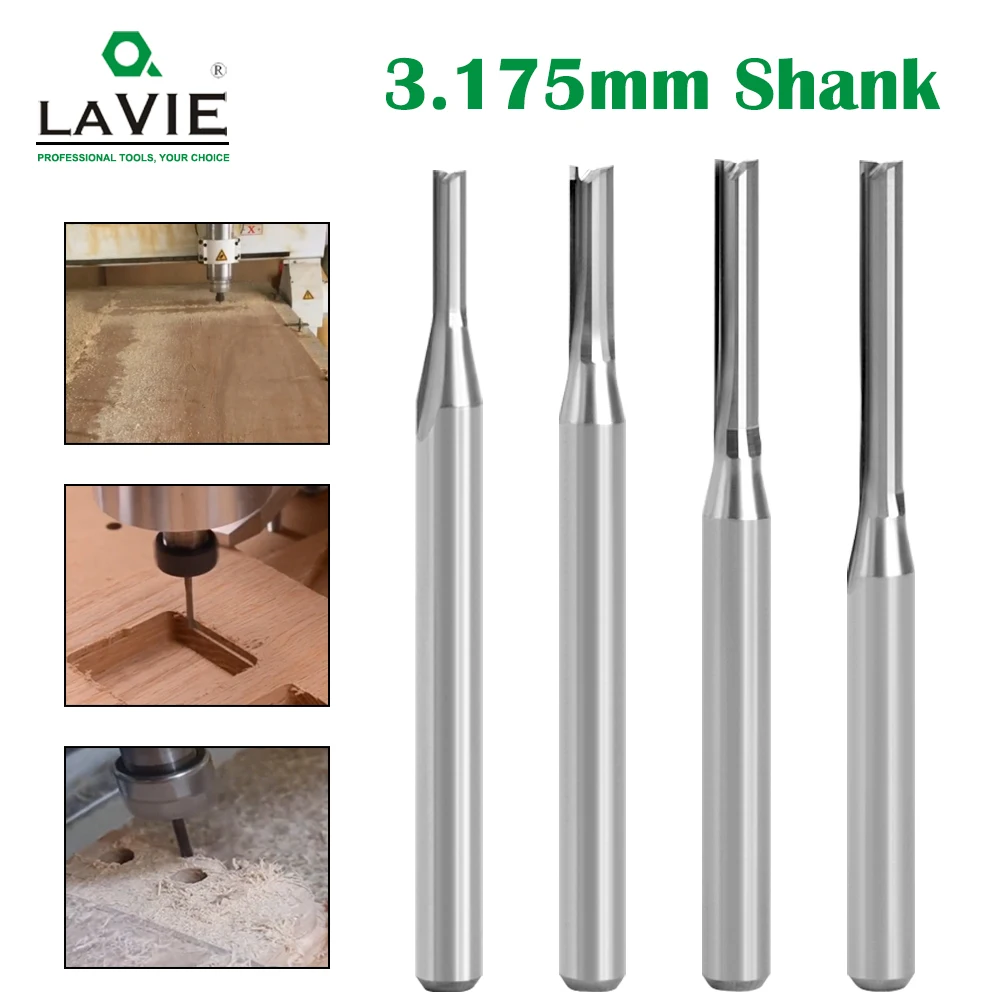 LAVIE 3.175mm Double-Edged Straight Groove Router Bit Set Alloy Non-Burr Cutting Tool End Mill Wood CNC Engraving Cutter-C Z03B0