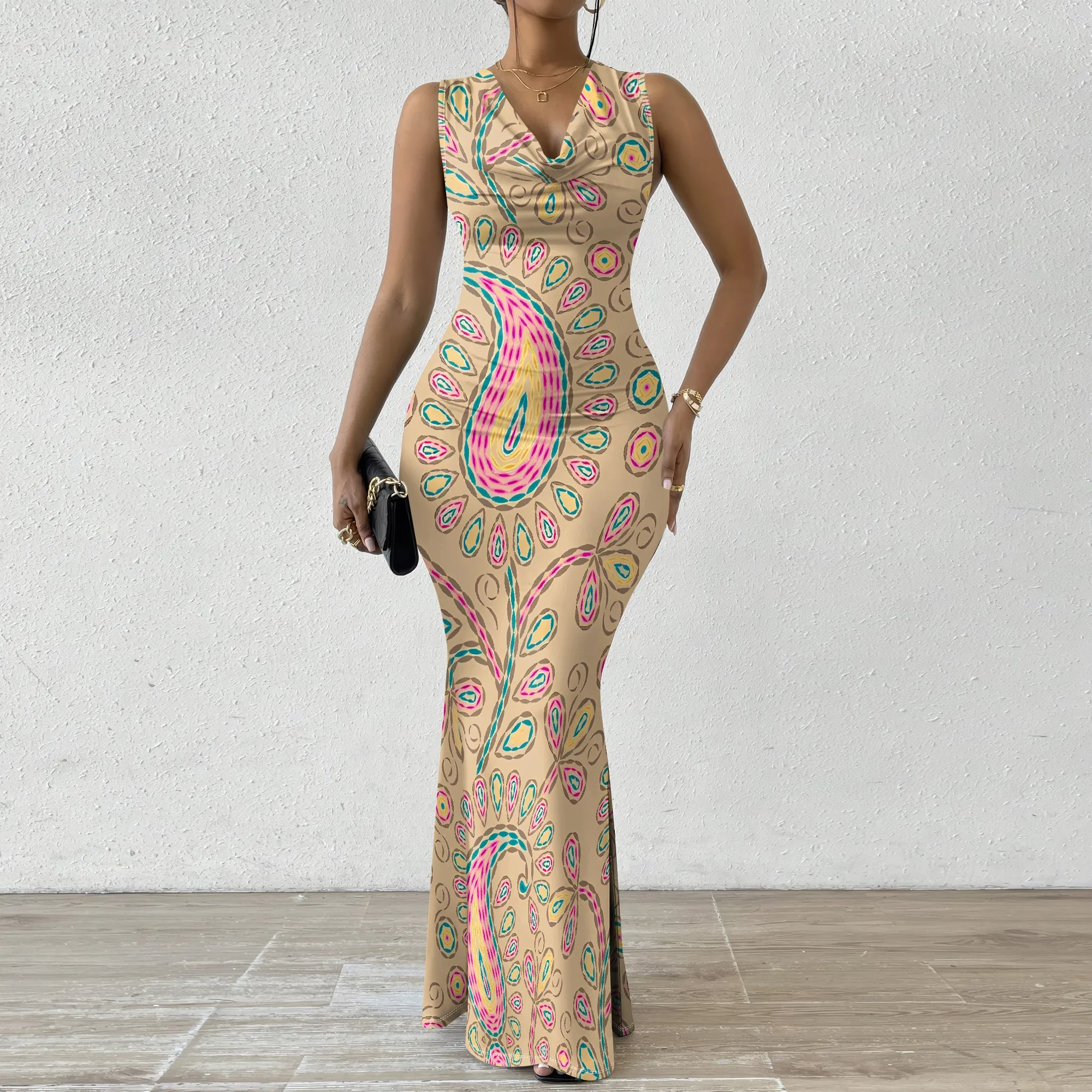 

Peacock Feather Print Sleeveless Maxi Dress Plus Size Boho Summer Party Holiday Dress