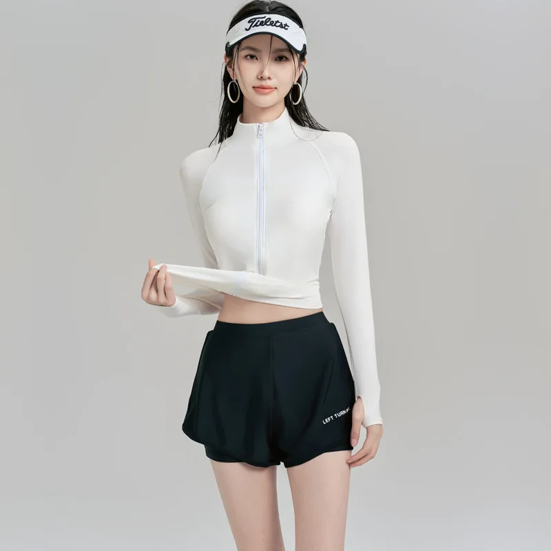 قميص سباحة نسائي مكون من قطعتين بأكمام طويلة مع حمالة صدر مدمجة، قميص سباحة مع شورت سفلي، ملابس رياضية مائية سريعة الجفاف #1