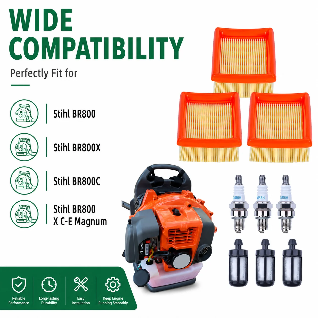 3er-Pack Tune-Up-Kit für Stihl BR800 BR800X BR800C Rucksackgebläse, Luftfilter, Kraftstofffilter, Zündkerze, ersetzt 4283 141 0300
