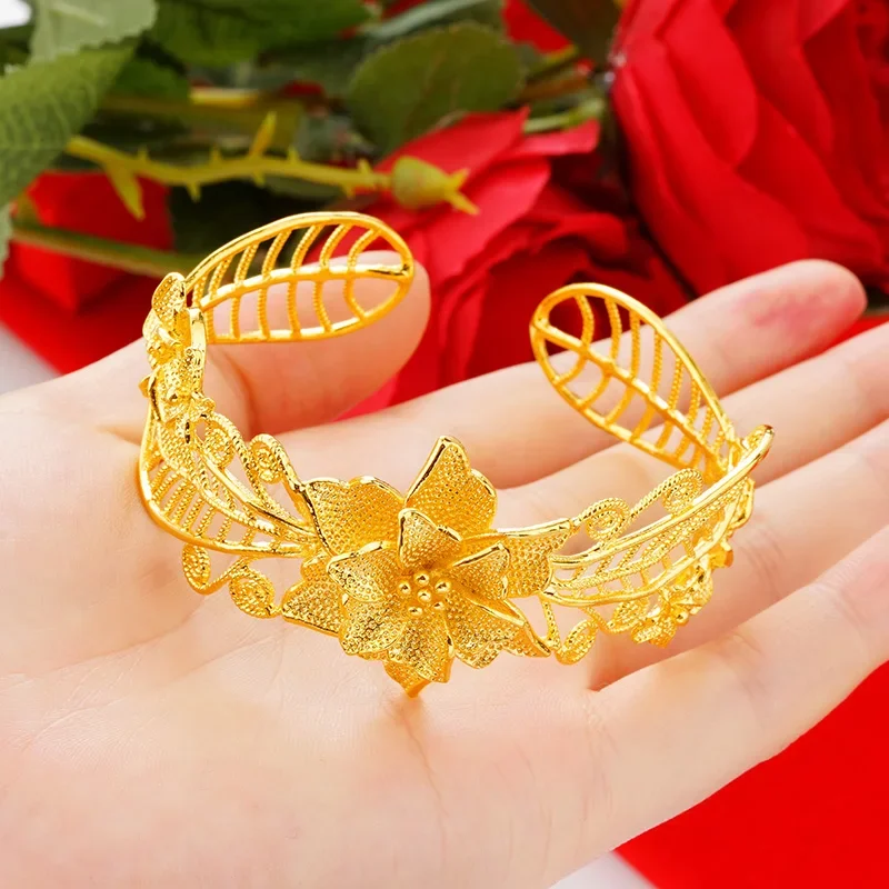 女性のための花の中空ブレスレット,純粋な金メッキ,18k,本物の,花嫁のためのジュエリー,結婚式,100% 24k