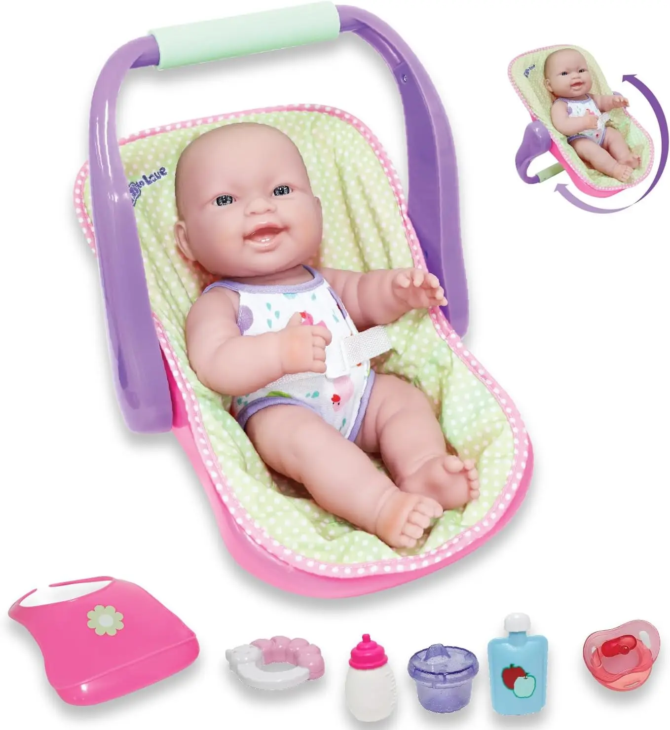 

14-inch Baby Doll with Car Seat, 4-Position Carrier, Posable & Waterproof Toy
