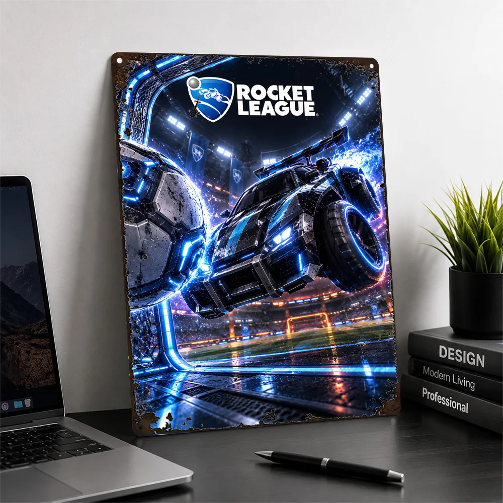 Rocket League Car In Stadium Textured Metal Poster Neon Wall Art For Home Office Customized Aluminum Sign Video Game Fan Gift