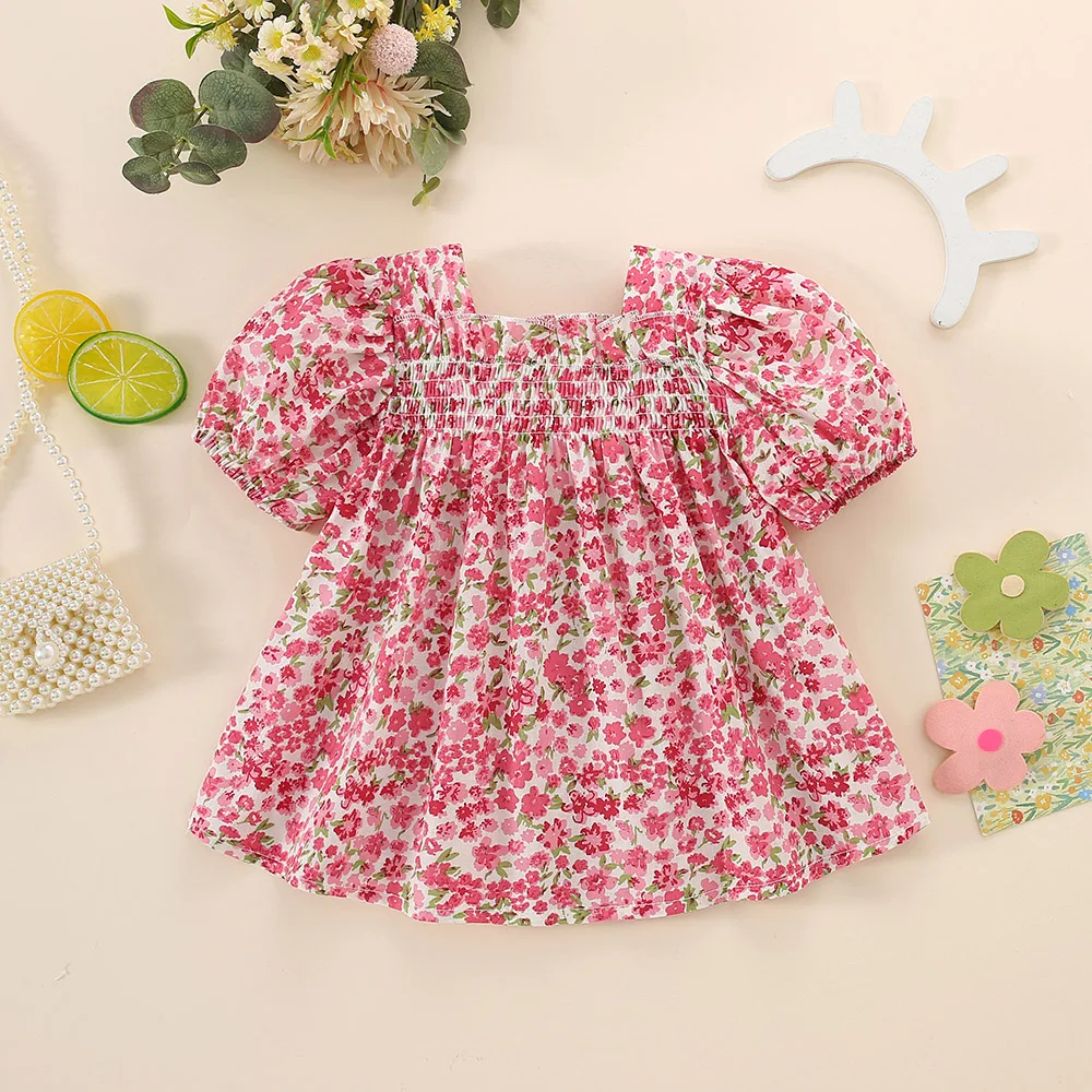 Summer New Girl's Dress Love Fragmented Flower Bubble Sleeve Square Neck Pleated Sweet Princess Dress Birthday Party Dress