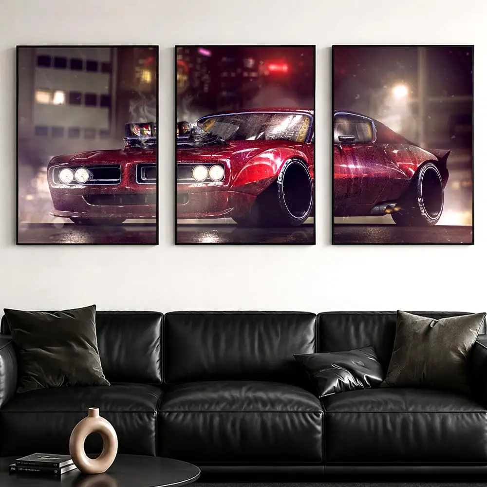 Muscle Cars C-Charger Artwork Painting Calligraphy Canvas Poster Set Wall Artwork Prints for Bedroom Living Room Home Decor Gift