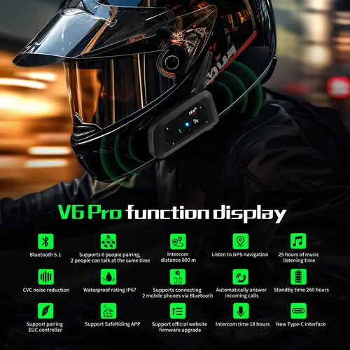 Imagen 2 del producto Auriculares intercomunicador EJEAS V6 PRO Bluetooth para motocicleta, intercomunicador de 6 pasajeros de 1200m + férula de metal