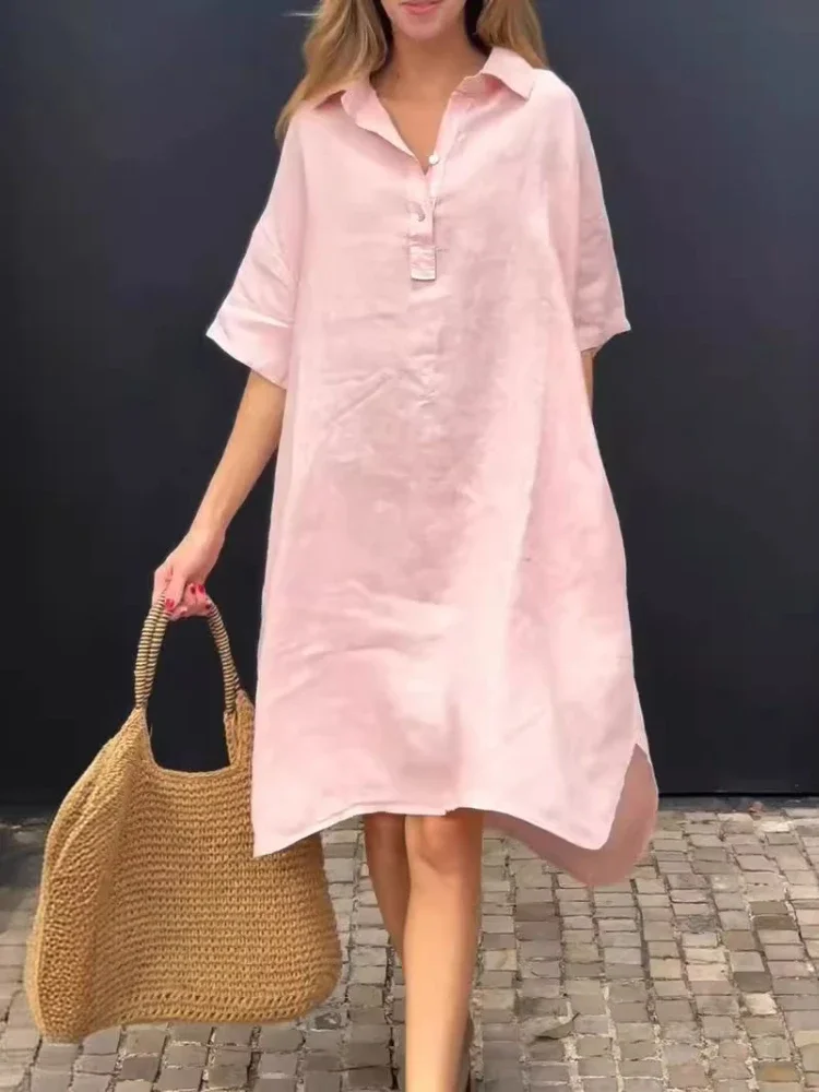 2024 ฤดูร้อนแฟชั่นผู้หญิงผ้าฝ้ายและกัญชาElegantความยาวกลางชุดพลิกคอครึ่งเปิดสบายๆหลวมชุดสตรี